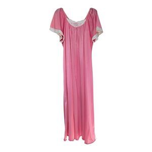 Vintage Carriage Court Pink Satin Nightgown Embroidered Yoke Lace Trim L